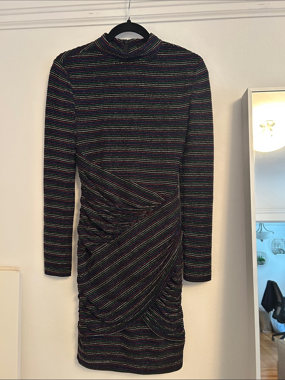 Trina Turk Black Long-Sleeve Ruched Mini Dress with Multicolor Lurex